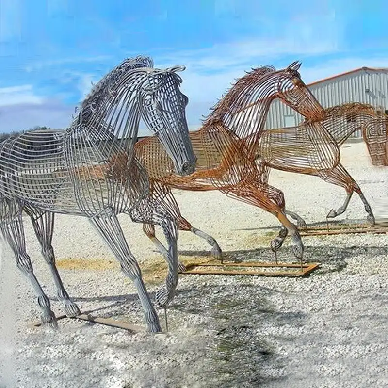 Estatuas de animales de escultura de caballo corriendo de alambre de Metal de tamaño real