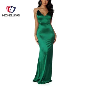 women formal ruched satin plunging V neck with padded cups and narrow straps open back ruched detail prom banquet party dress