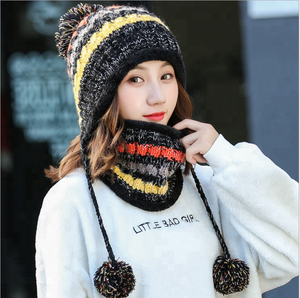 Wholesale colorful striped lady winter acrylic <strong>hat</strong> <strong>and</strong> <strong>scarf</strong> two piece sets with balls - Product Image 2