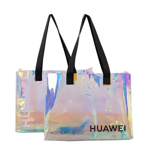 卸売透明PVCプラスチックレインボーホログラムショッピングトートバッグファッションデザイン透明ホログラフィックハンドルビーチバッグ