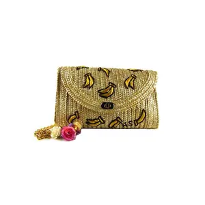 Sac à main brodé en rotin pour femme, sacoche à bandoulière tissé en paille, cerises et banane, pour la plage, tendance