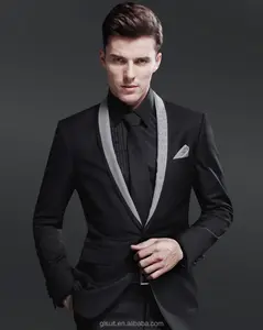 男士婚礼外套 70% 羊毛一键式披肩翻领黑色修身夹克