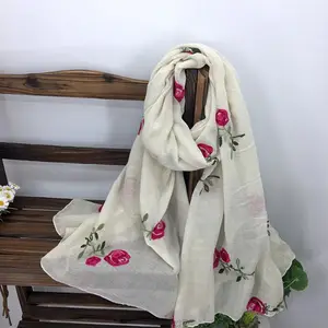 Luxe Lange Geborduurde Sjaal Womens Katoen Sjaals Rose Bloem Borduurwerk Sjaal Mousseline Viscose Hijab 180*90Cm