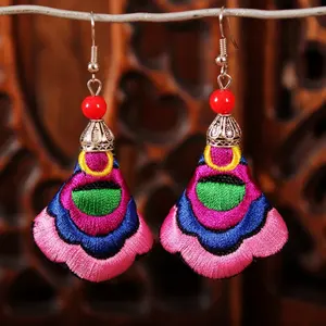 Wholesale Chinese Vintage Ethnic Cloth Embroidered Beaded Earrings