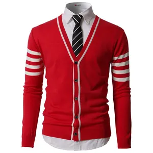 Оригинальный винтажный кардиган, Мужская одежда, вязаный свитер для отдыха и колледжа, кардиган в полоску, однобортный, с V-образным вырезом, хлопковый мужской