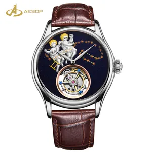 Aesop Thông Minh Cổ Tay Watch Thời Trang Gemini Thép Không Gỉ Đồng Hồ Nam Giới Thường Skeleton Tourbillon Đồng Hồ Cơ Khí Sang Trọng