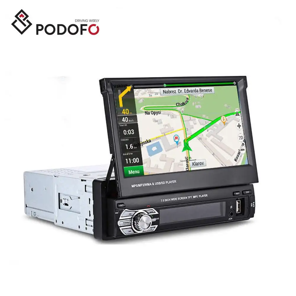 Podofo 1 Din Autoradio lecteur Autoradio écran tactile HD rétractable de 7 pouces avec Navigation GPS/AUX-IN MP3/FM/USB