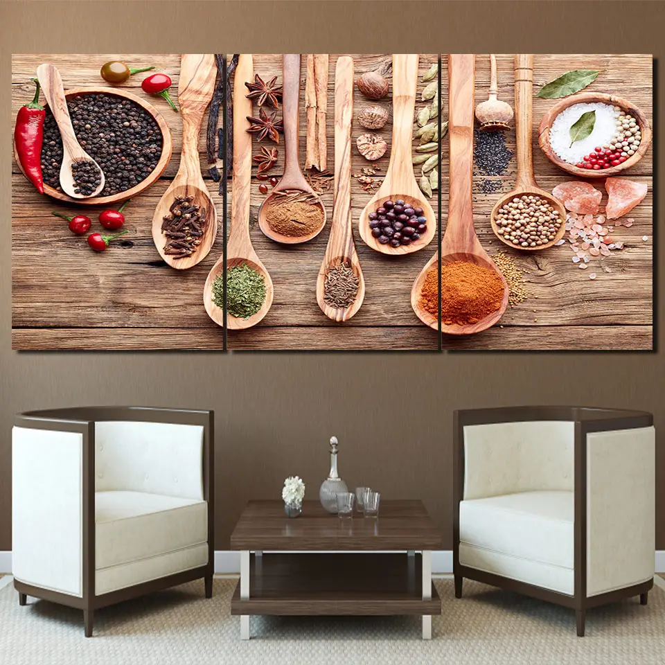 Современная рамка для плаката с HD-принтом для гостиной, настенное искусство, картины еды, 3 предмета, ложка, зерна, специи, холст, картины, домашний декор