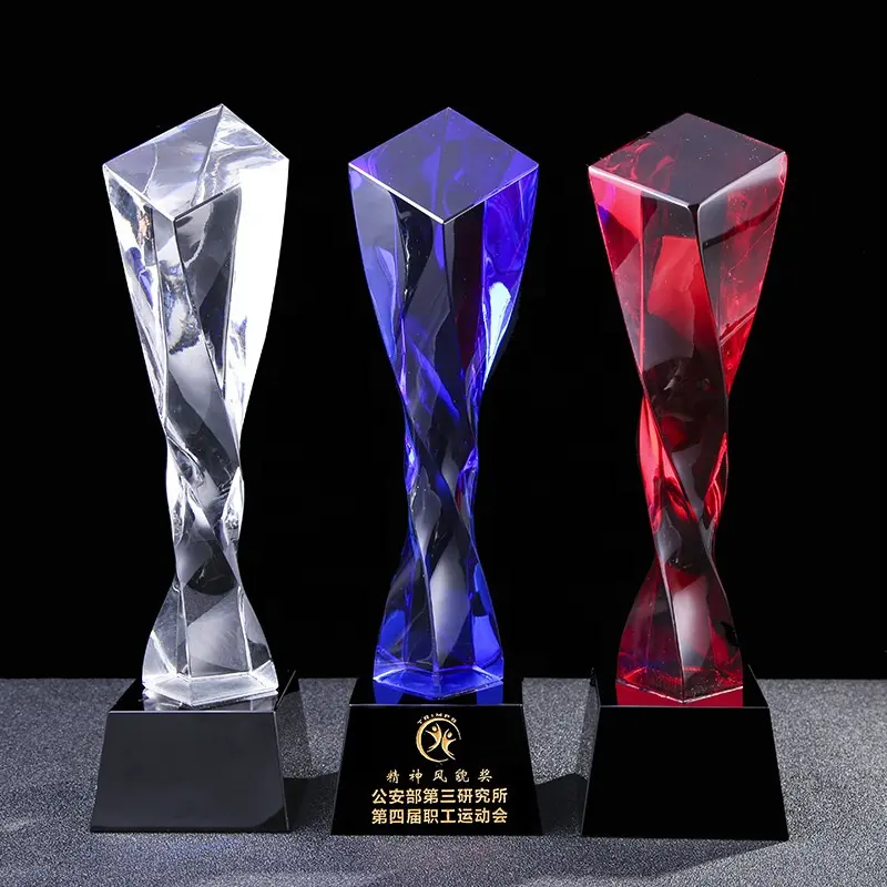 DILU Pilar Disesuaikan Emas Logo Gratis Bintang Biru Kolom Putar Piala Penghargaan Kristal Kaca Merah
