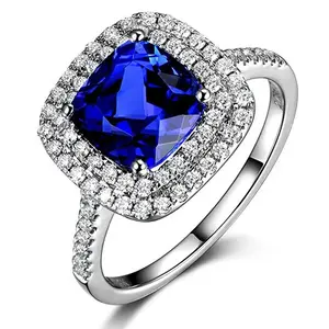 Cincin Pertunangan Desain Klasik Halo Ganda Cincin Pertunangan Tanzanite 18K Perhiasan Cincin Emas 750