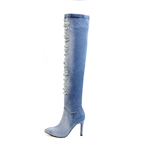 Botas altas <span class=keywords><strong>hasta</strong></span> <span class=keywords><strong>el</strong></span> <span class=keywords><strong>muslo</strong></span> de mezclilla con tacón de aguja lavadas sexis para mujer al por mayor de fábrica - Product Image 2