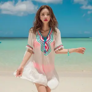 2018 Boho Style Summer Bikini Sweet Cover-up Embroidery Stitching Beach Skirts See-through Mini Dress