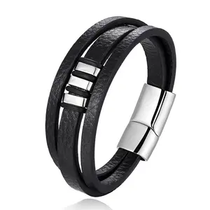 Pulsera de cuero en blanco de acero inoxidable para hombre, accesorios de mano de tres capas