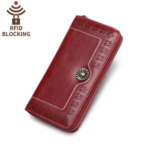Moda custom longo zíper bolsas genuína artesanal de couro carteira com titular do cartão RFID bloqueio para as mulheres
