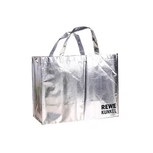 Customized logo printing coated supermarket grocery metallic shopping pp silver non woven bag