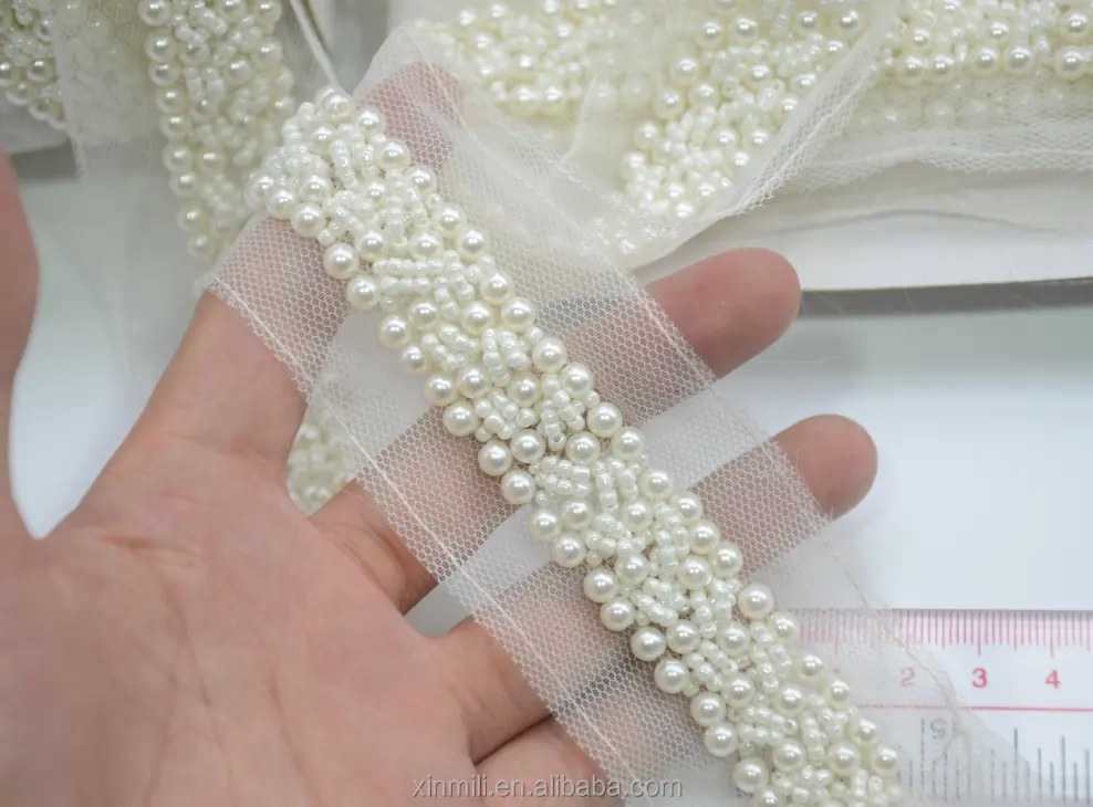 Craft beaded Fake pearls lace trim bead lace ribbon neckline costume applique sewing on garment