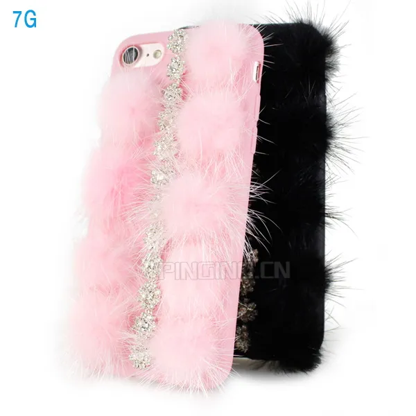 Lovely Rhinestone Mink Hairball Ladies Mobile Phone Covers For iPhone7, Winter Plush Warm Phone Case For iPhone 7 8 11 12 13 14