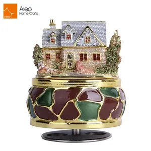 Wholesale Autumn Season Music Box Lovely Glowing Rotating Resin House Winding with Plating and Diamond for Home Decor