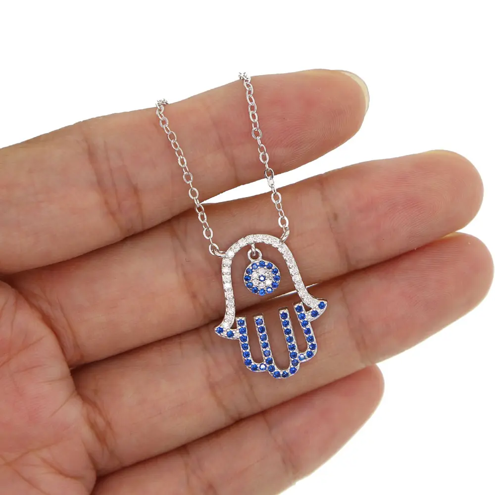 925 sterling silver hamsa hand charm pendant dangle eye Blue White cubic zirconia lucky fatiima's hand necklace