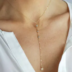 Thời Trang Dài Dây Chuyền Cho Phụ Nữ Kim Cương Ngôi Sao Nhỏ Mặt Dây Chuyền Lariat 925 Sterling Bạc Vòng Cổ