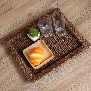 Hand Woven Straw Kitchen Fruit Produce Bread Basket Serving Tray Tea Storage basket
