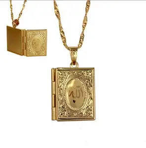 Mode GEEL GOUD Kleur ALLAH KORAN MOSLIM BOEK Medaillon Hangers Ketting Drijvende Charms Religieuze Moslim Religieuze Sieraden