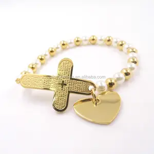 Gold Plated Bible Cross With Heart Charms Pendant Stainless Steel Rosary Beads Bracelets Religion Unisex Female pulsera Bangle