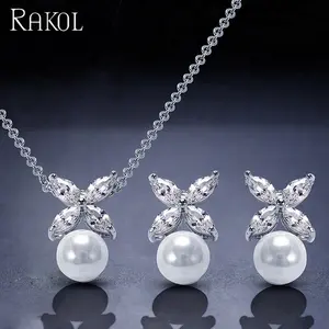 RAKOL Sp297 Dekorasi Perak/Emas/Rose Gold, Set Perhiasan Bunga Zirkon Kristal Liontin Mutiara