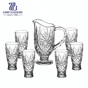 Juego de copas de agua con relieve de cristal, Juego de vasos de vidrio con grabado clásico, hervidor de agua fría, venta al por mayor, 7 piezas