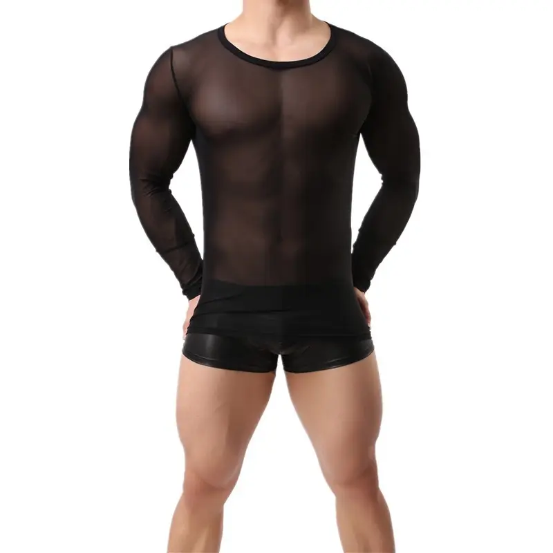 Hot Selling High Elasticity Men Sexy T shirt Transparent Net Yarn Fitness T Shirts Grid Mesh Funny Shirt Undershirt