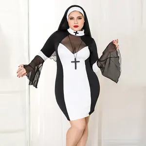 JSY kadın süslü elbise şifon Mandarin kollu büyük üniforma artı boyutu seksi rahibe kostüm