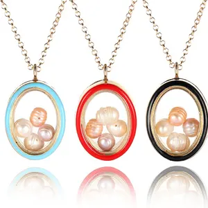 Thời Trang Mới Nhất Kính Oval Memory Floating Oyster Pearl Locket Mặt Dây Chuyền Lady Necklace