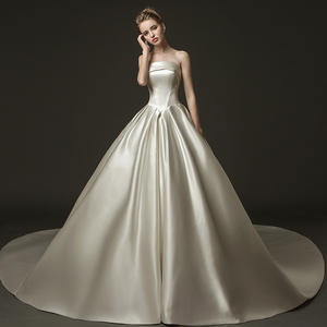 Đơn Giản Trắng Satin Bridal Gowns Bóng Gown Dài Train <span class=keywords><strong>Wedding</strong></span> Dress - Product Image 4