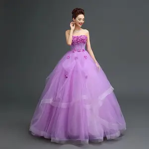 Spring New Arrival Flower Lace-Up Princess Prom Dress Puffy Purple Ball gown Wedding Dresses