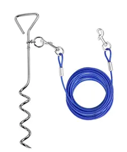 GaoSheng PVC Coated Steel Wire Rope Hand Free Dog Tie-out Cable With Heavy Duty Spiral Dog Stake