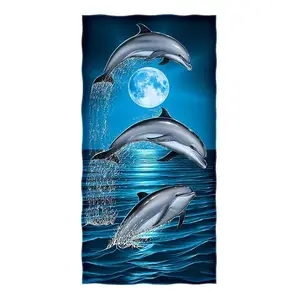 Изготовленный на заказ логотип микрофибра полного цвета с принтом в виде мультяшных дельфинов и Луна реактивной цифровая печать пляжное полотенце