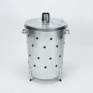 Quemador metálico galvanizado de 75 litros para residuos de jardín, papelera de madera