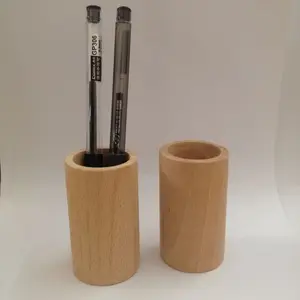 Simple Design Round Wooden Pencil Pen Holder,Unfinished Wood Pen Pot Office Decor