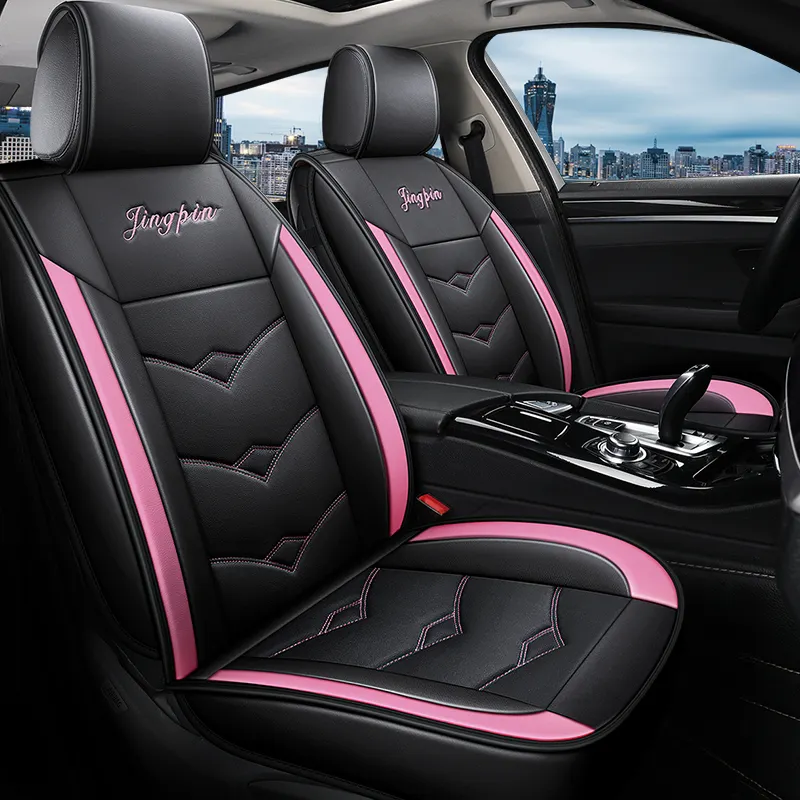 Fundas de cuero transpirable para asiento de coche, cubiertas protectoras para asiento delantero y trasero automotriz, costura de línea rosa