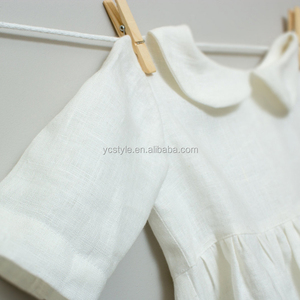 Vestido de lino blanco para bebés y niñas pequeñas con cuello <span class=keywords><strong>peter</strong></span> <span class=keywords><strong>pan</strong></span>, vestido de bautizo con cuello blanco debajo de la rodilla hecho con lino prelavado. - Product Image 4