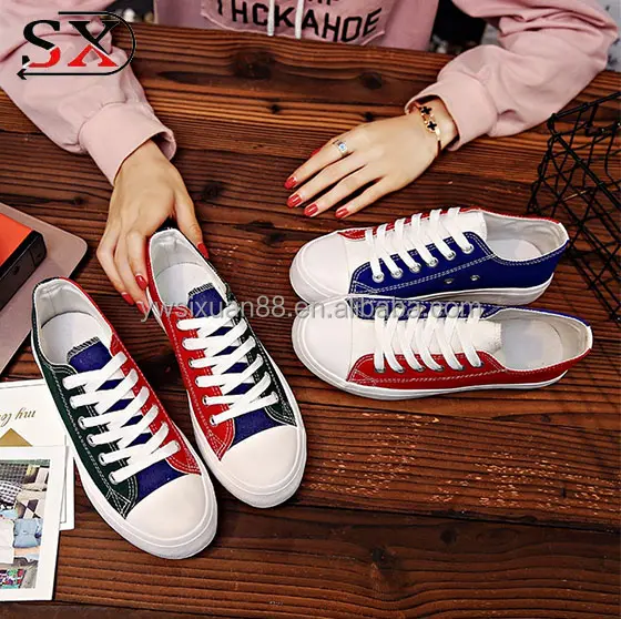 2017 women lady fashion mixed color multi color lace up blue red canvas shoes