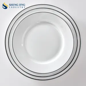 Juego de vajilla de porcelana blanca plana, platos blancos de 8, 9 y 10 pulgadas con borde negro