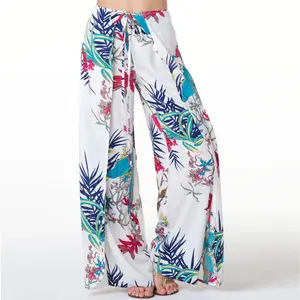 Femmes D'été Imprimé Tropical Floral Large Jambe Lâche Palazzo Pantalons Capri HSP2430