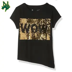 Or personnalisé Réversible Paillettes Brillantes T-shirt Noir Wow Changer 2 Voies Paillettes Lettre T-shirts Drôles