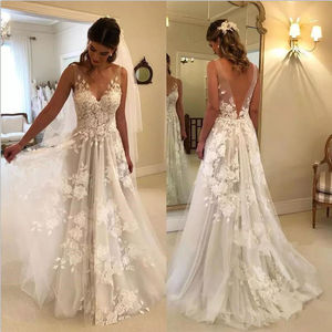 Hot Saxy Femmes Dos Nu Col En V Profond Blanc A-ligne <span class=keywords><strong>Robe</strong></span> De Mariée <span class=keywords><strong>Bohème</strong></span> - Product Image 1