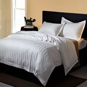 100% 纯棉白色酒店床上用品优质3厘米缎面条纹床上用品套装