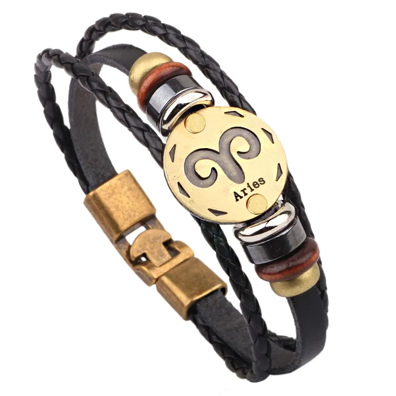 Wholesale New Design Custom Made Charm Bracelet Leather Men 12 Constellations Metal Magic Braided Black Leather Popper Bracelet