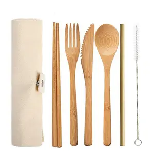 7 pièces ustensiles réutilisables voyage cuillère fourchette couteau baguettes paille bambou couverts ensemble avec pochette rétro