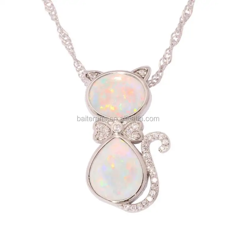 Aliexpress Hot White Gold Plated 925 Sterling Silver CZ Cubic Zirconia cat shape white Fire Opal Pendant/Necklace Pendant