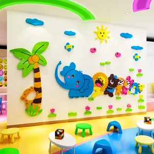 新设计的卡通动物墙贴，用于游戏室儿童房贴花
